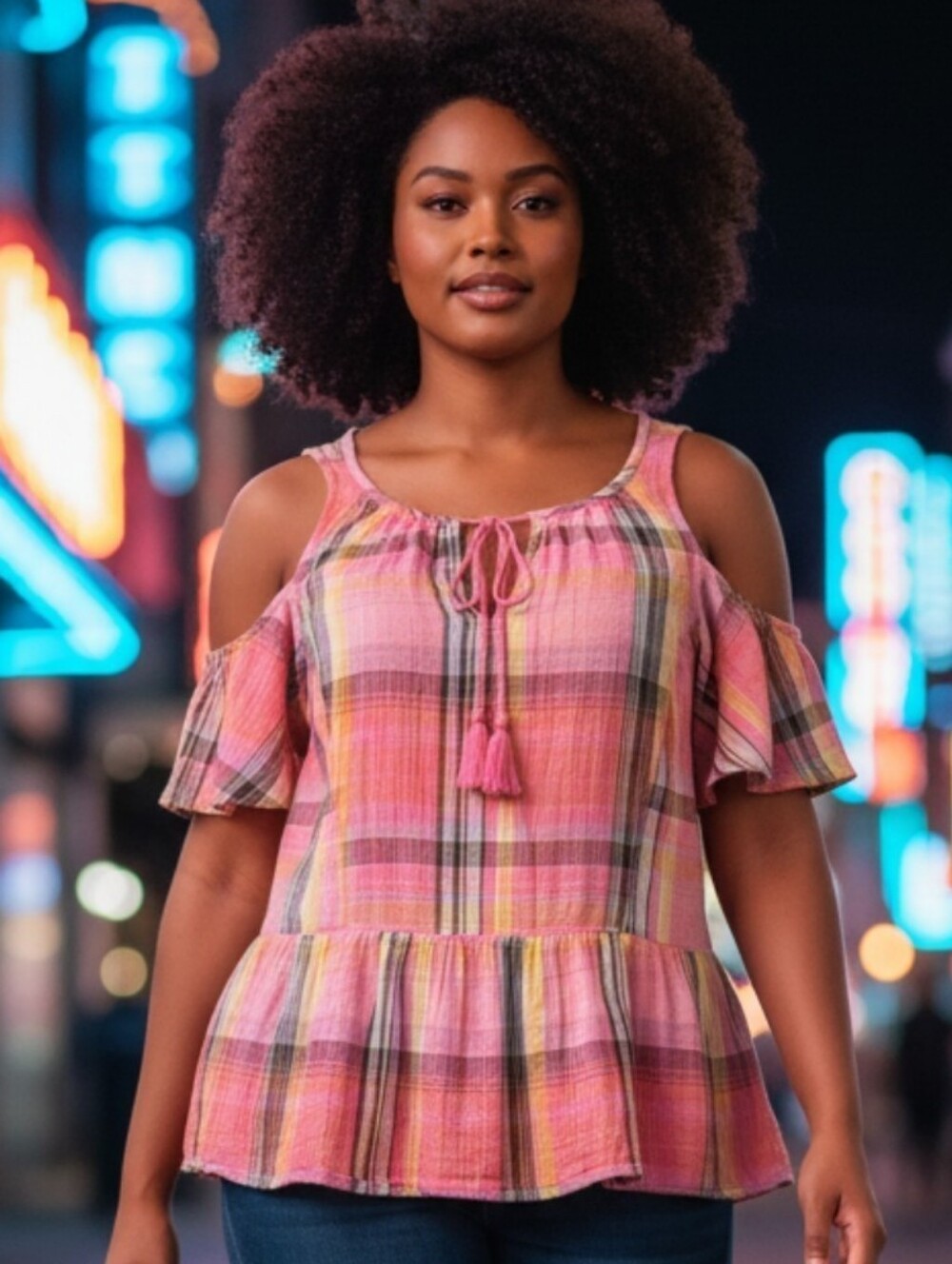 A.n.a. Cold-Shoulder Pink Plaid Peplum Top with Tassel Tie Sz M/L